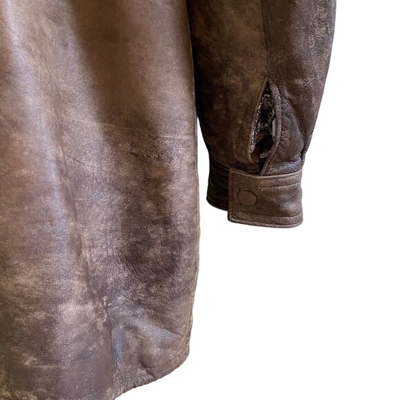 Vintage Brown Leather Parker Coat With Printed Lining & Multiple Pockets - Picture 4 of 11